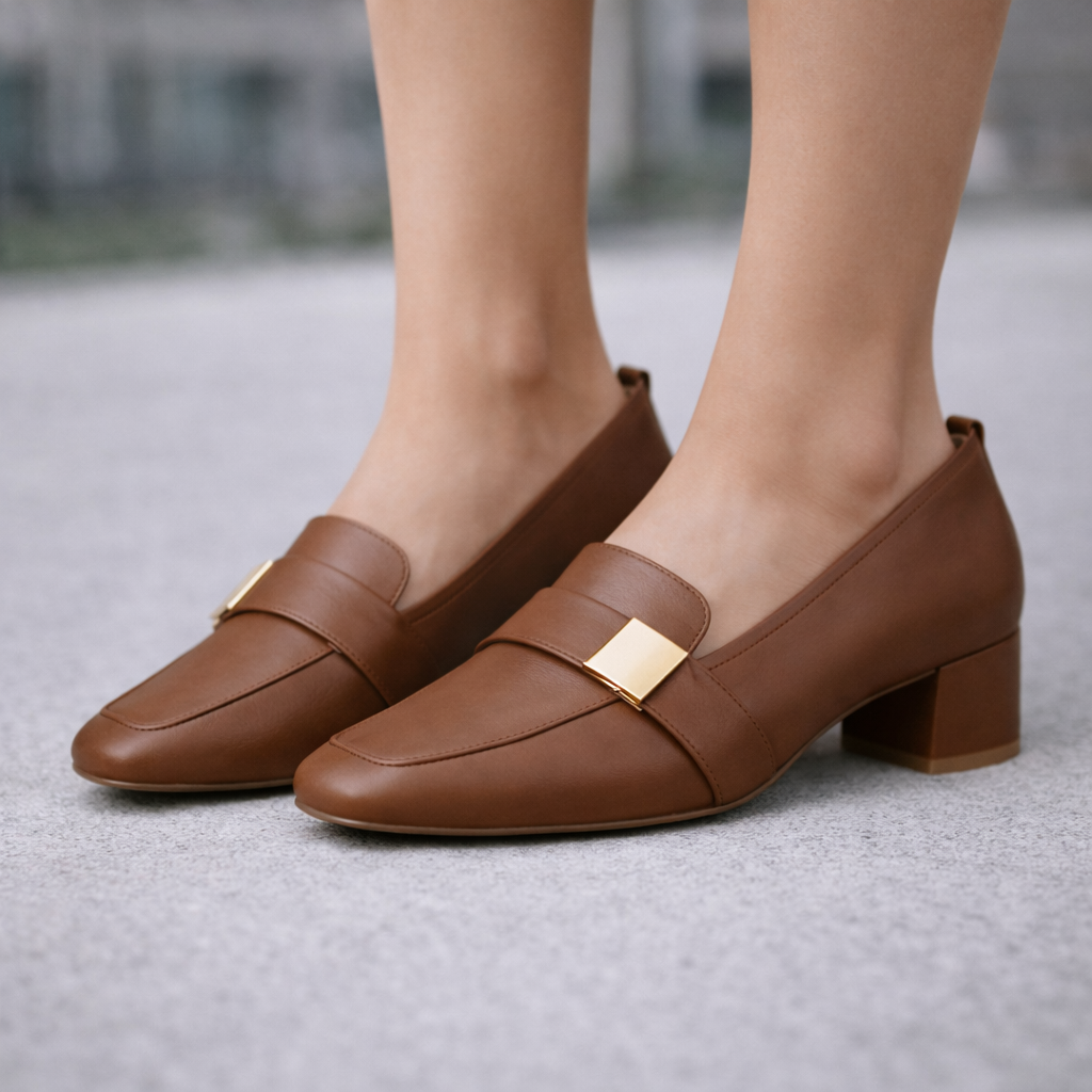 Celina Italian Leather Block Heels with Gold Accent