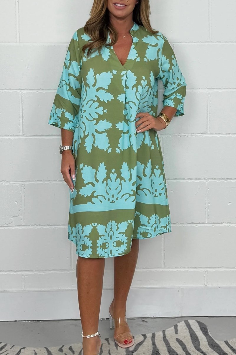 Printed V-Neck Midi Dress