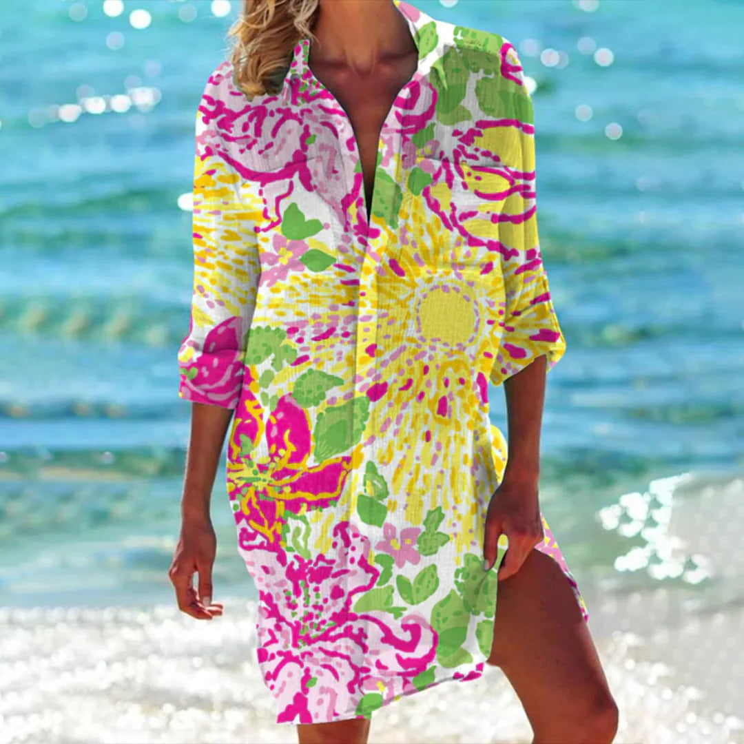 Serena Tropical Print Button-Up Shirt Dress