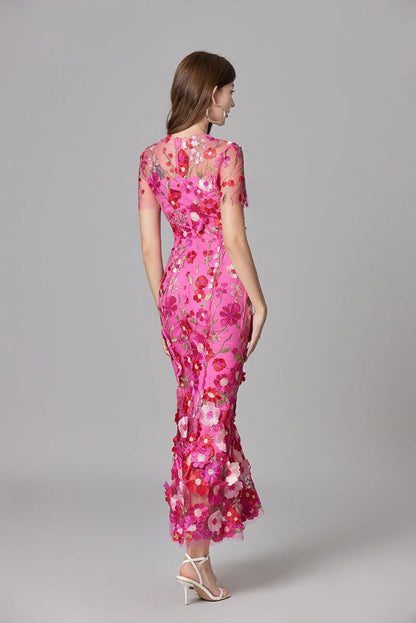 Celestina Mesh Floral Appliqué Maxi Dress