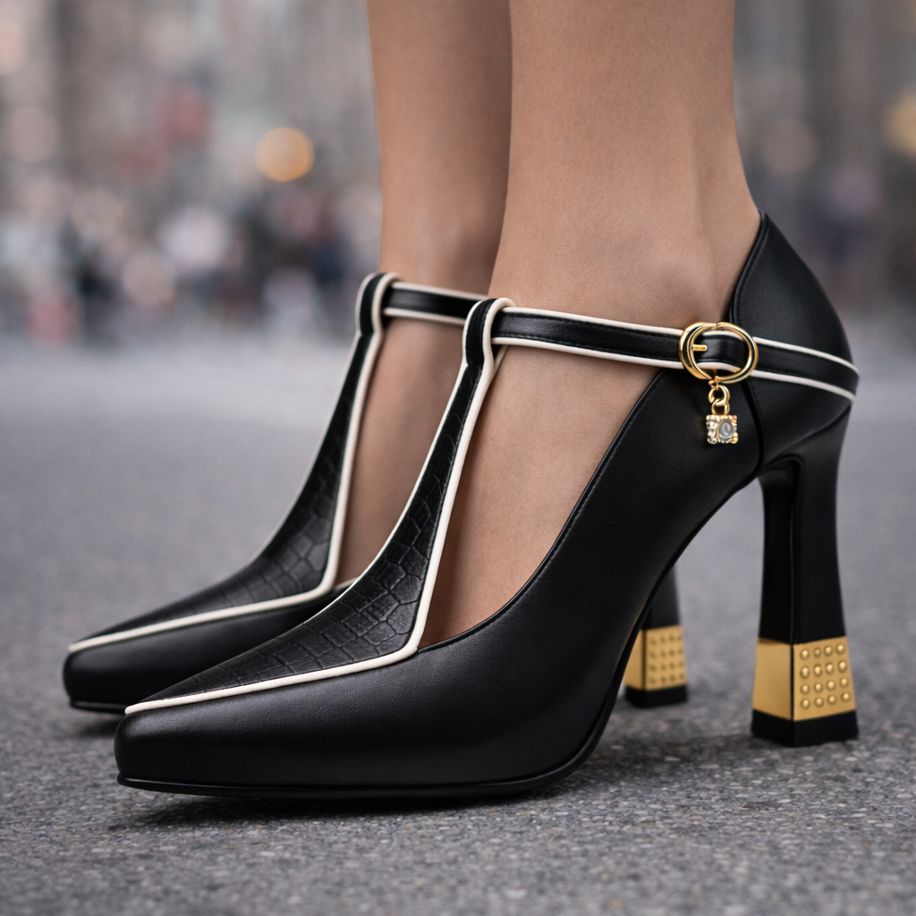 Savona Leather Block Heels with Buckle