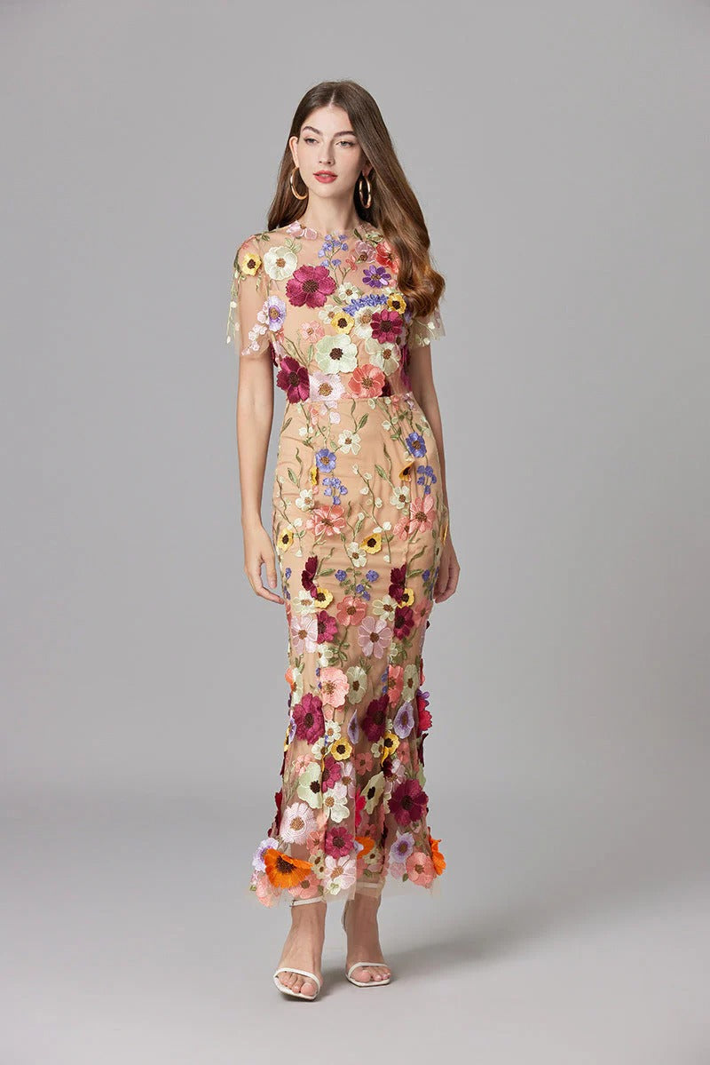 Celestina Mesh Floral Appliqué Maxi Dress