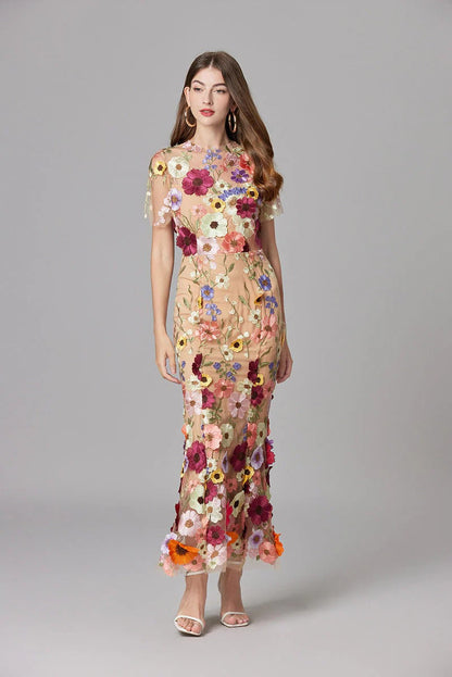 Celestina Mesh Floral Appliqué Maxi Dress