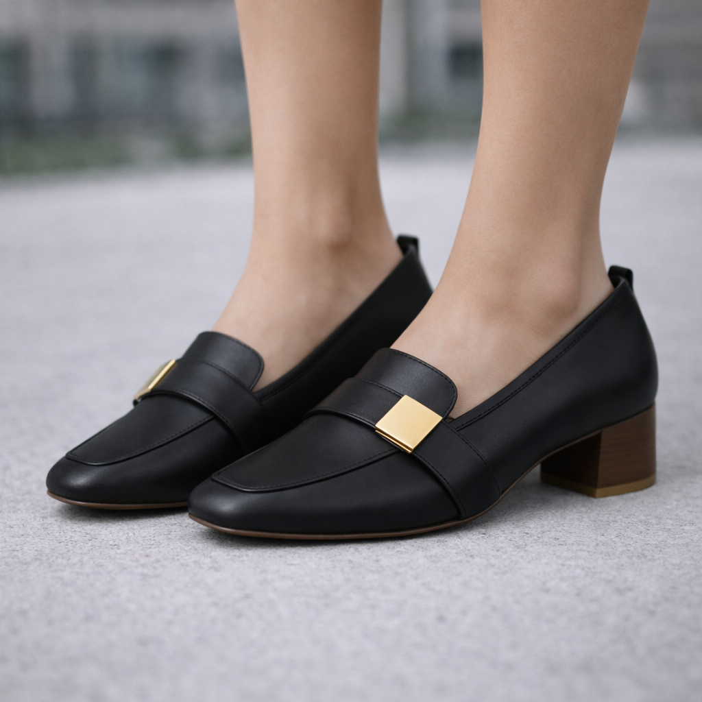 Celina Italian Leather Block Heels with Gold Accent