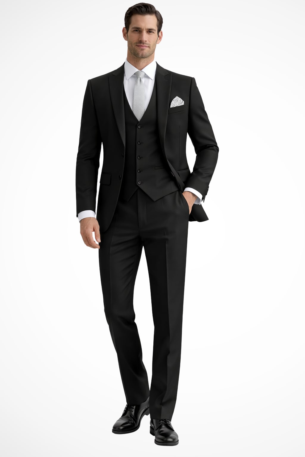 Men Slim Fit 3-Piece Wedding Guest Peak Lapel Suit - Black