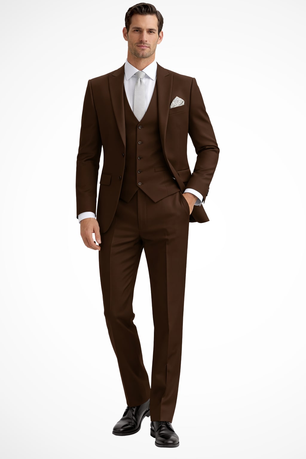 Men Slim Fit 3-Piece Wedding Guest Peak Lapel Suit - Brown
