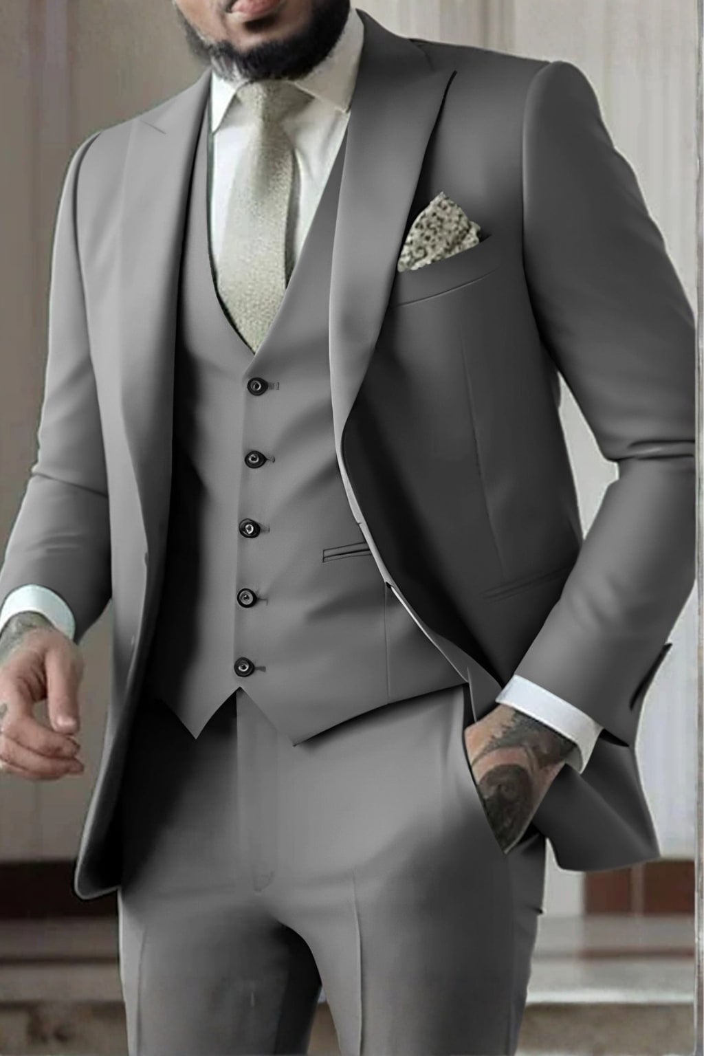 Men Slim Fit 3-Piece Wedding Guest Peak Lapel Suit