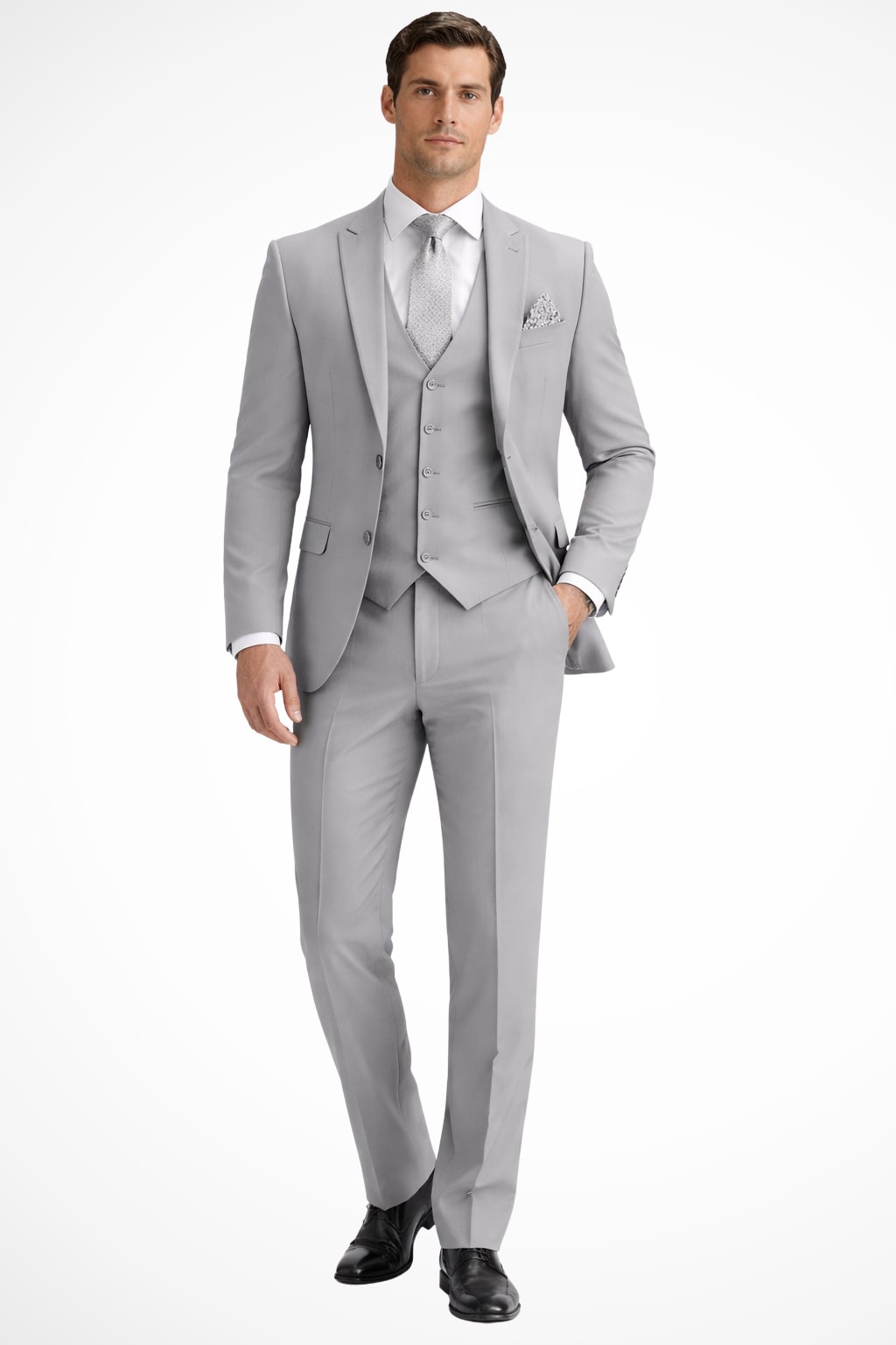 Men Slim Fit 3-Piece Wedding Guest Peak Lapel Suit - Light Grey