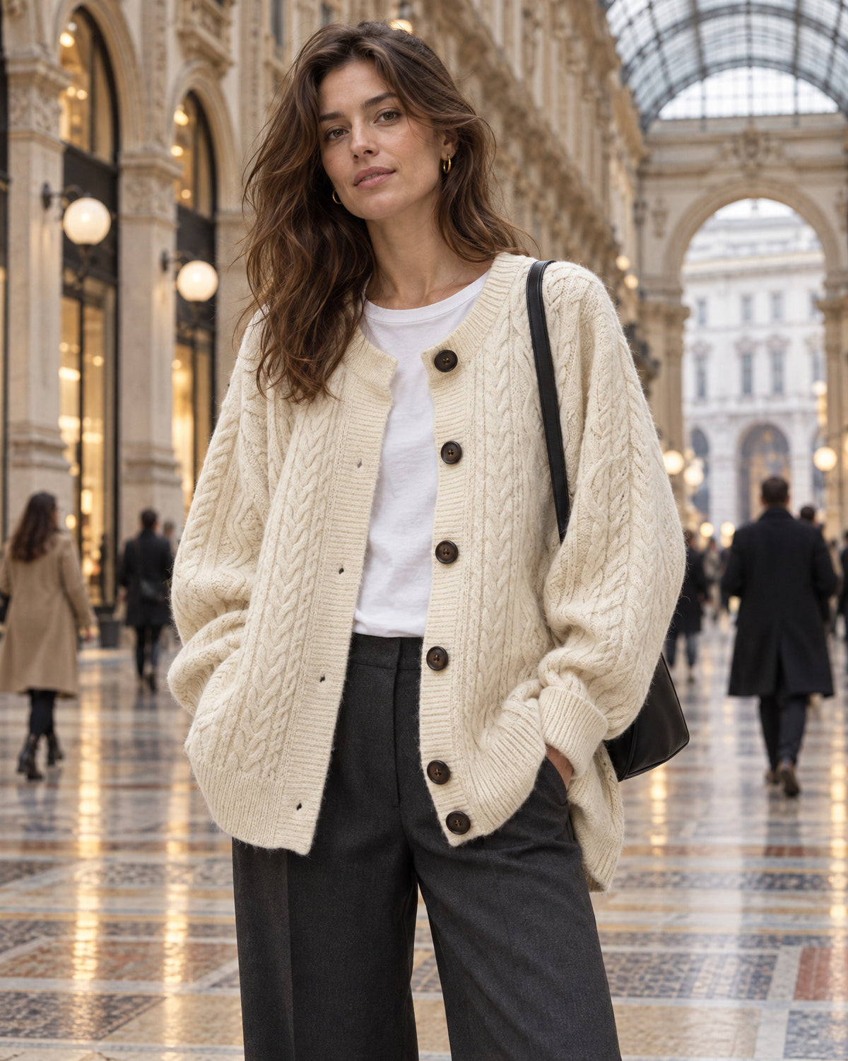 Oversized Cable-Knit Button-Down Cardigan for Women – on-model photo