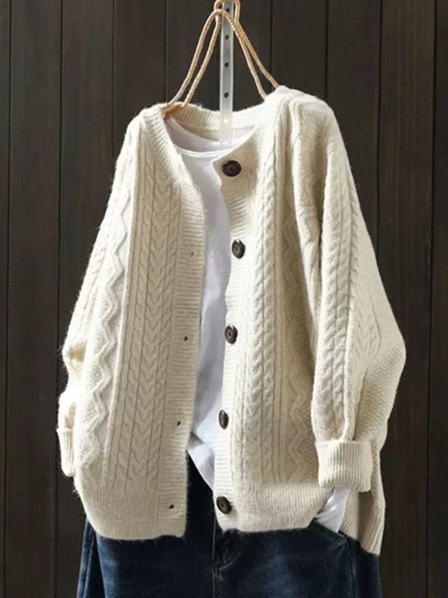 Oversized Cable-Knit Button-Down Cardigan Sweater for Women - Beige