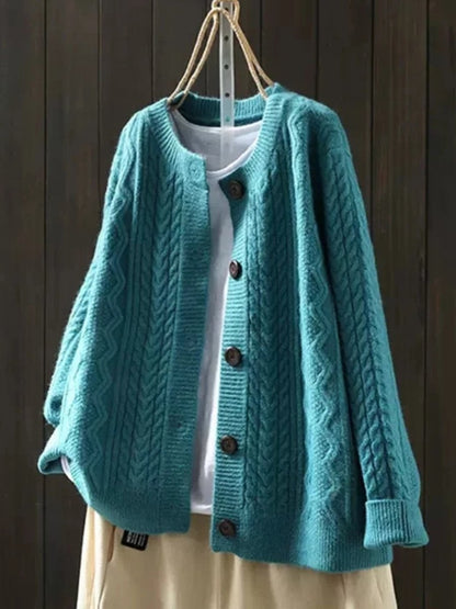 Oversized Cable-Knit Button-Down Cardigan Sweater for Women - Blue