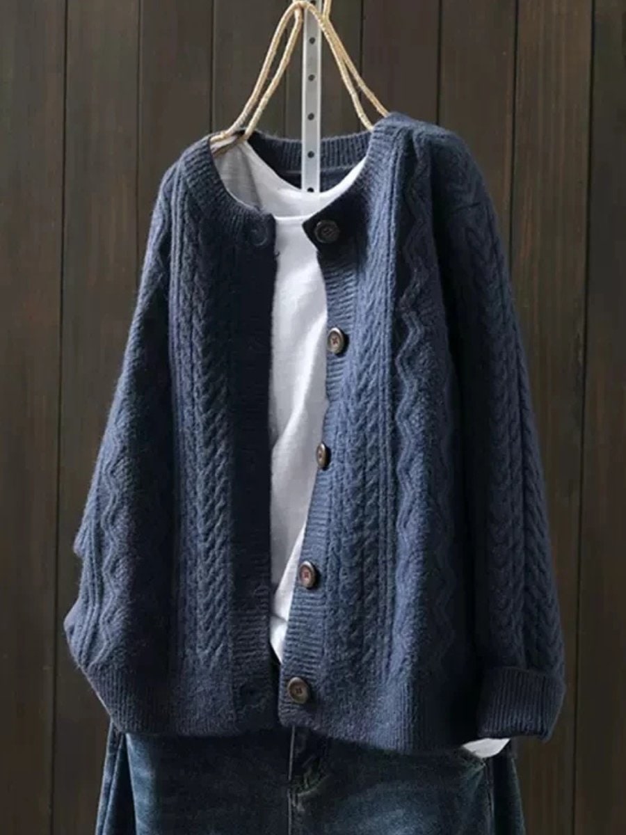 Oversized Cable-Knit Button-Down Cardigan Sweater for Women - Navy Blue
