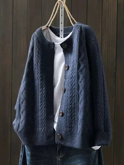 Oversized Cable-Knit Button-Down Cardigan Sweater for Women - Navy Blue