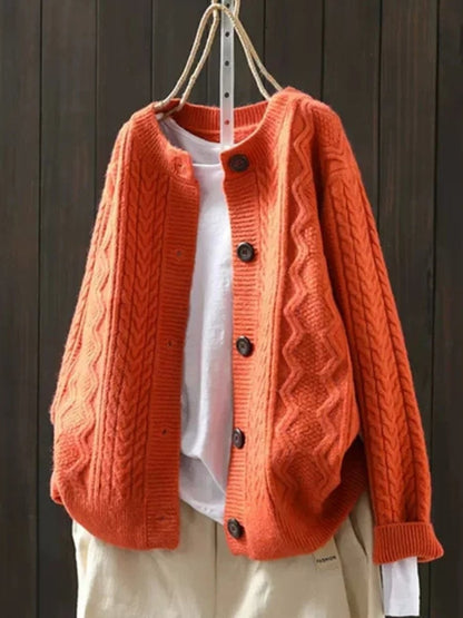 Oversized Cable-Knit Button-Down Cardigan Sweater for Women - Orange