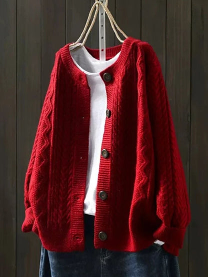 Oversized Cable-Knit Button-Down Cardigan Sweater for Women - Red