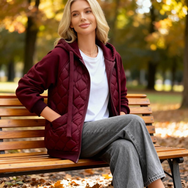 Quilted Hoodie Jacket - Maroon Red