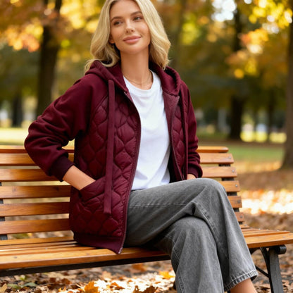 Quilted Hoodie Jacket - Maroon Red