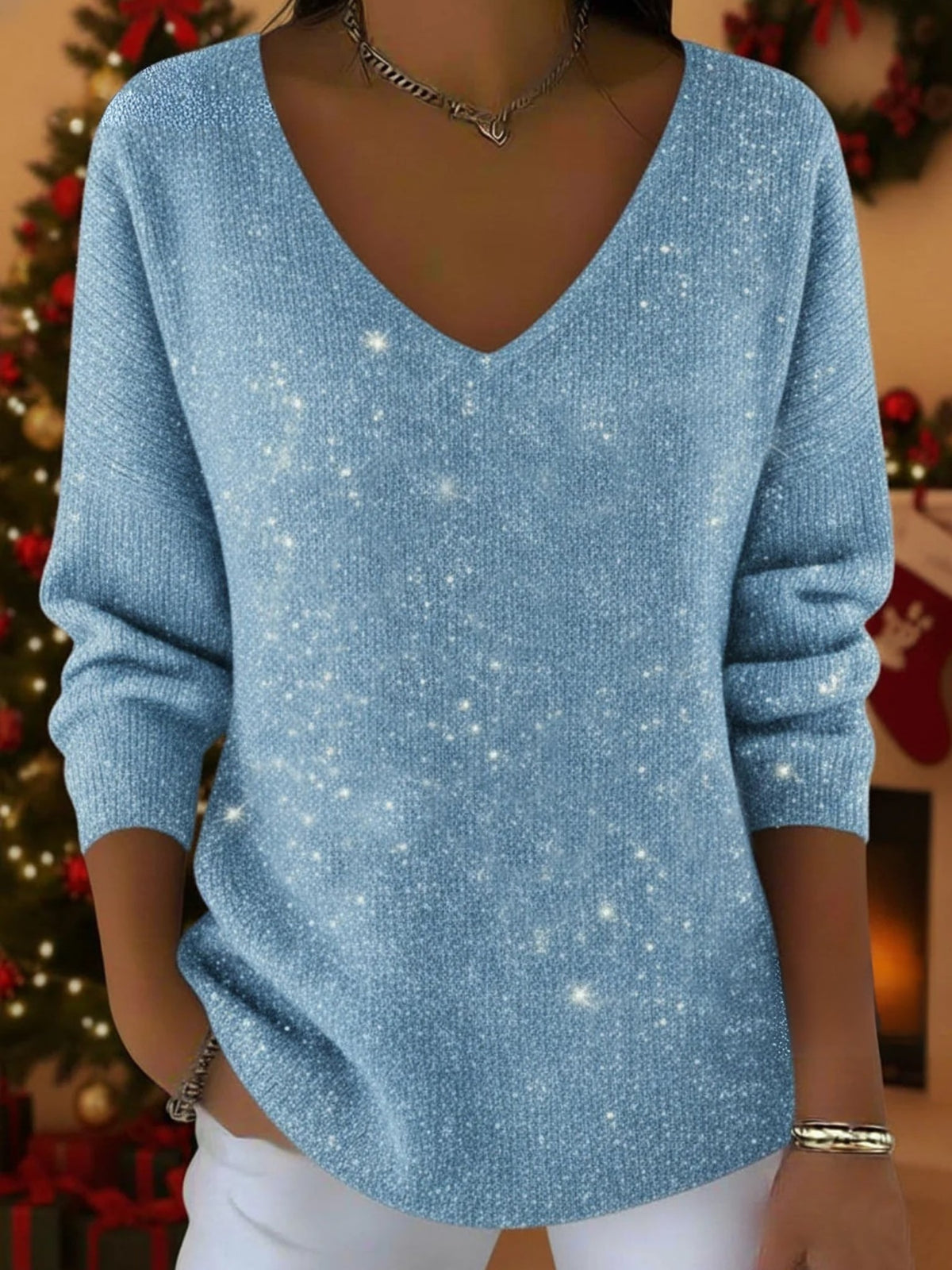 Sequin Long Sleeve V-Neck for Women - Blue
