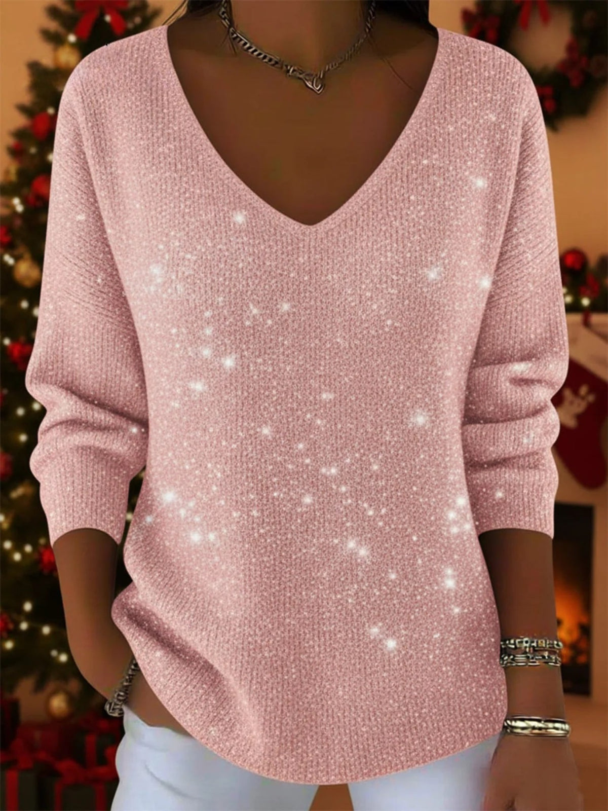 Sequin Long Sleeve V-Neck for Women - Pink
