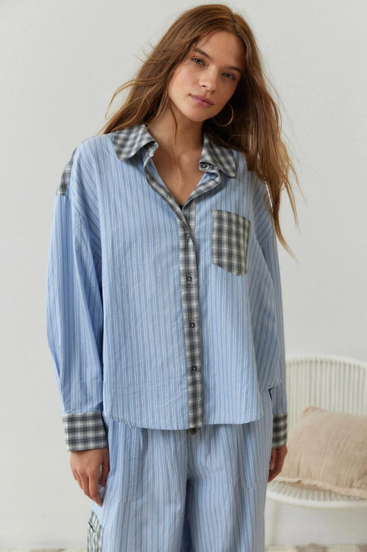 Striped Plaid Pajama Set for Women - Blue