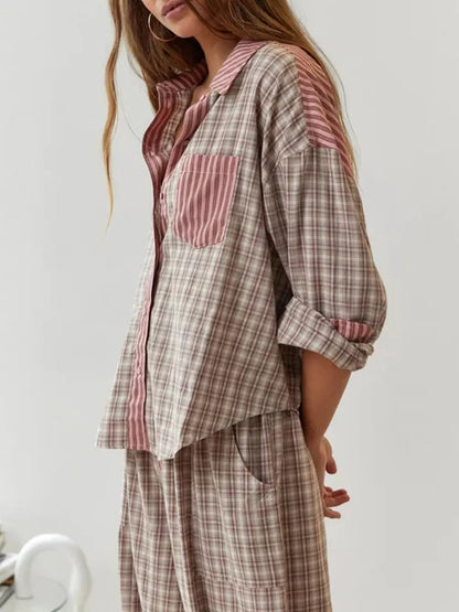 Striped Plaid Pajama Set for Women - Brown