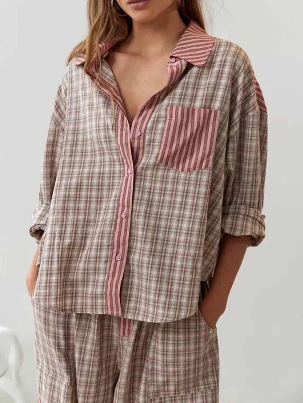 Striped Plaid Pajama Set for Women