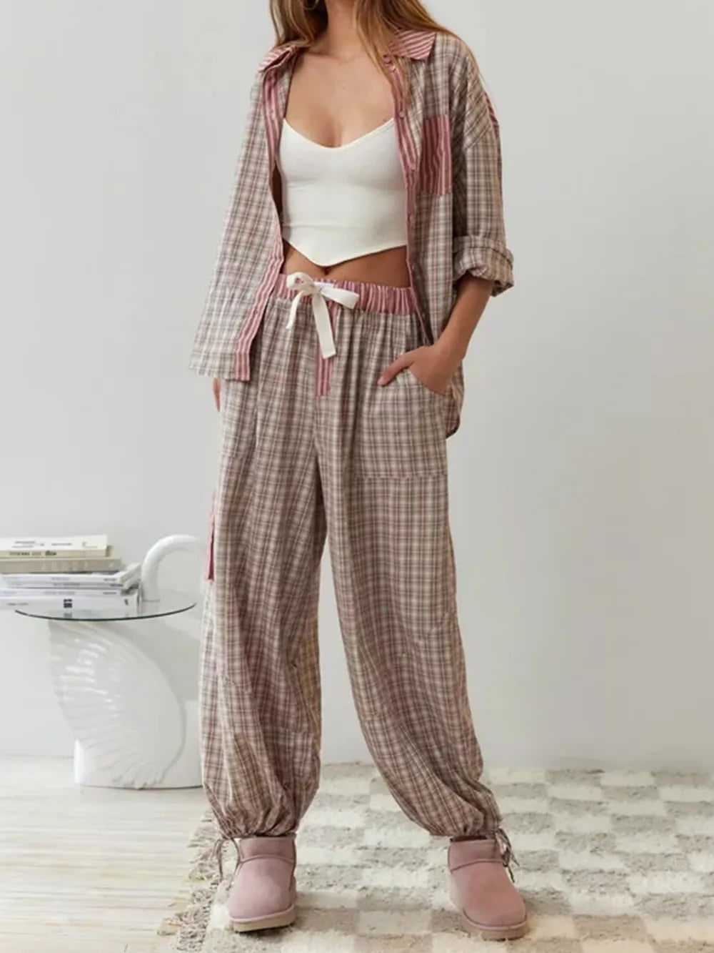 Striped Plaid Pajama Set for Women