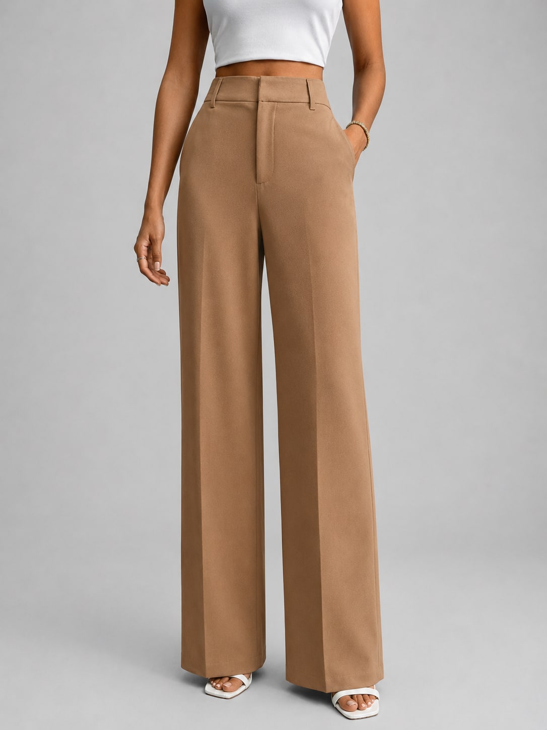 Women's High Waisted Wide Leg Trousers – Tailored Everyday Style - Camel