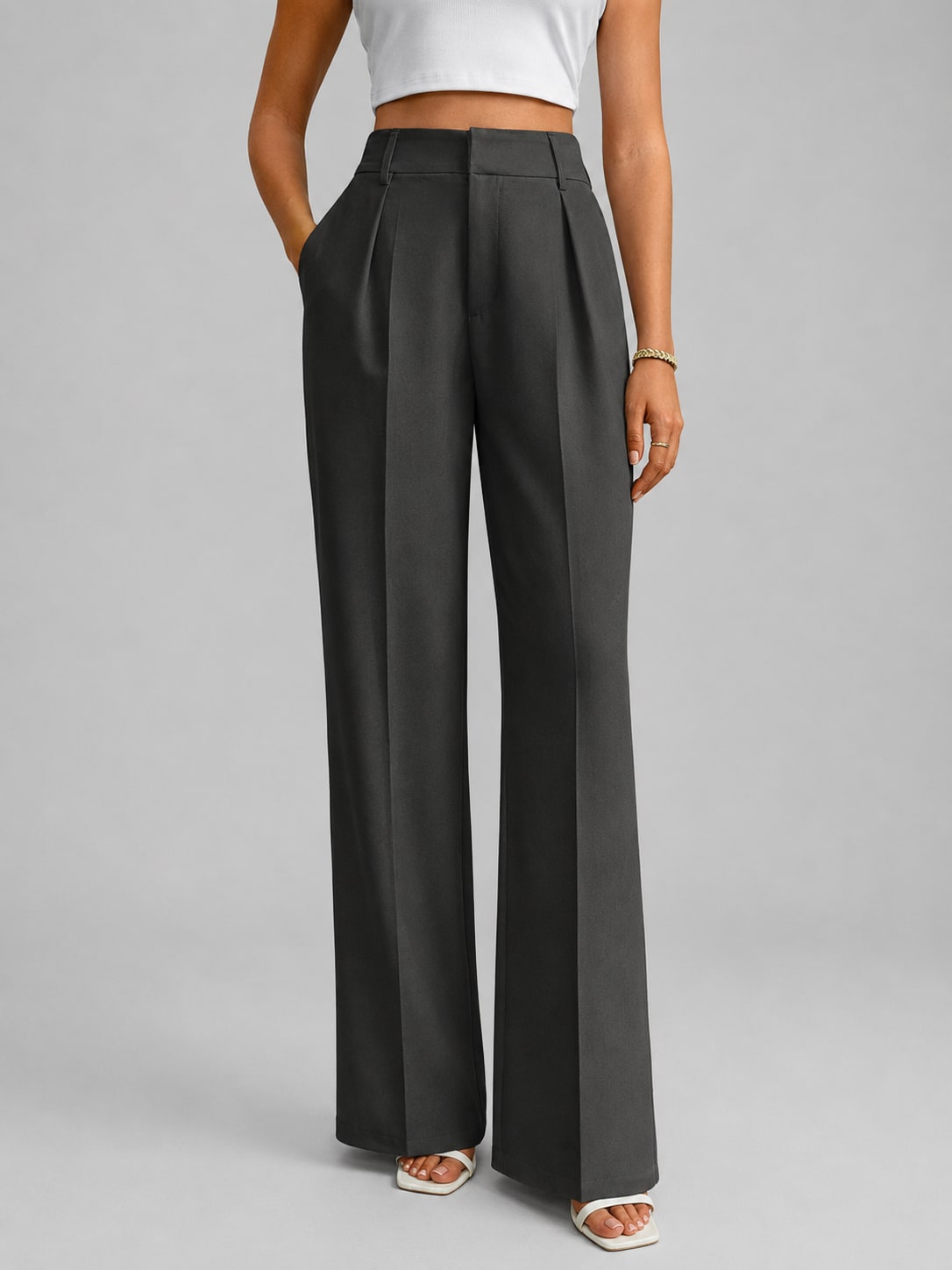 Women's High Waisted Wide Leg Trousers – Tailored Everyday Style - Dark Gray