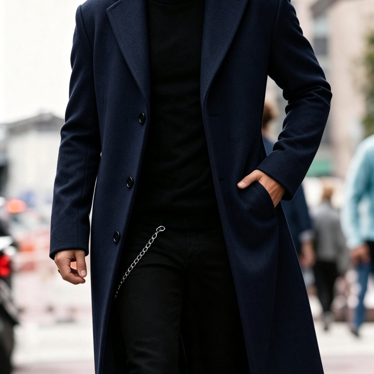 Wool-Blend Trench Coat for Men - Navy Blue