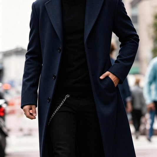 Wool-Blend Trench Coat for Men - Navy Blue